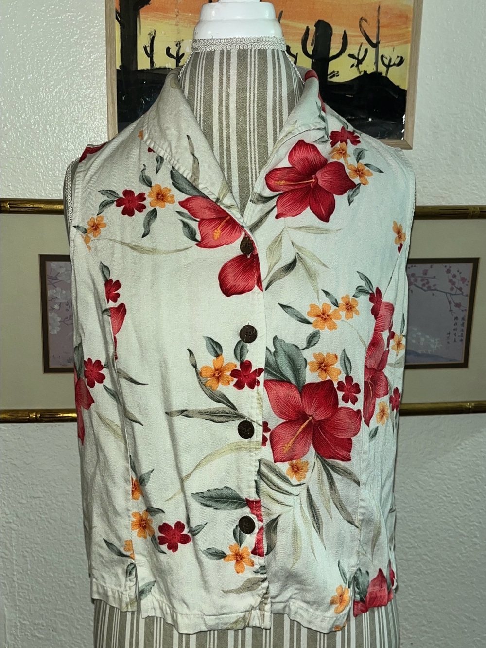 Vintage 90s La Cabana Hibiscus Floral Rayon Blouse L Hawaiian Tropical Y2K